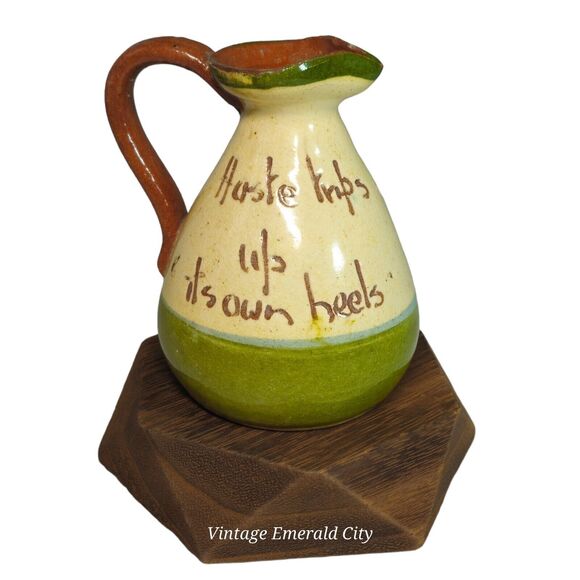 Torquay Devon Motto Creamer Mini Pitcher & Wooden Stand Set Red Pottery England - Picture 7 of 16